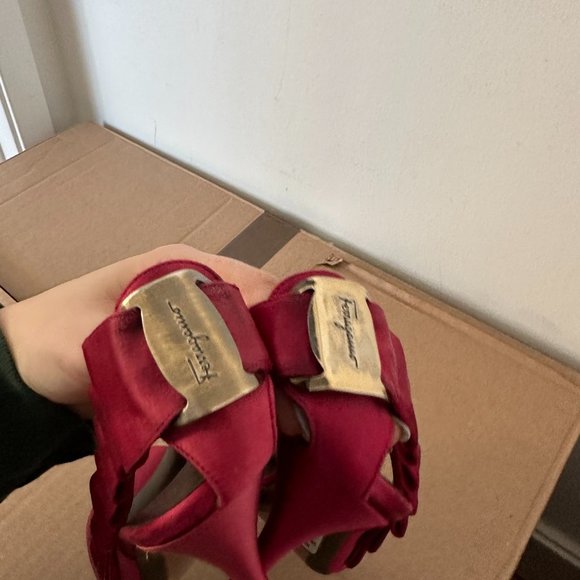 Salvatore Ferragamo High Heel Sandals Side Ruffle Slingback Red Satin - Picture 5 of 5